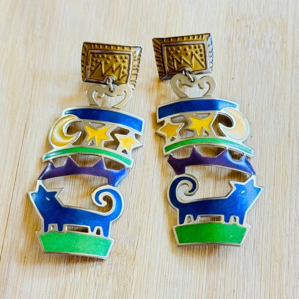 VTG Edgar Berebi Wolf Earrings Whimsical Southwest Dangle Enamel Pierced Signed